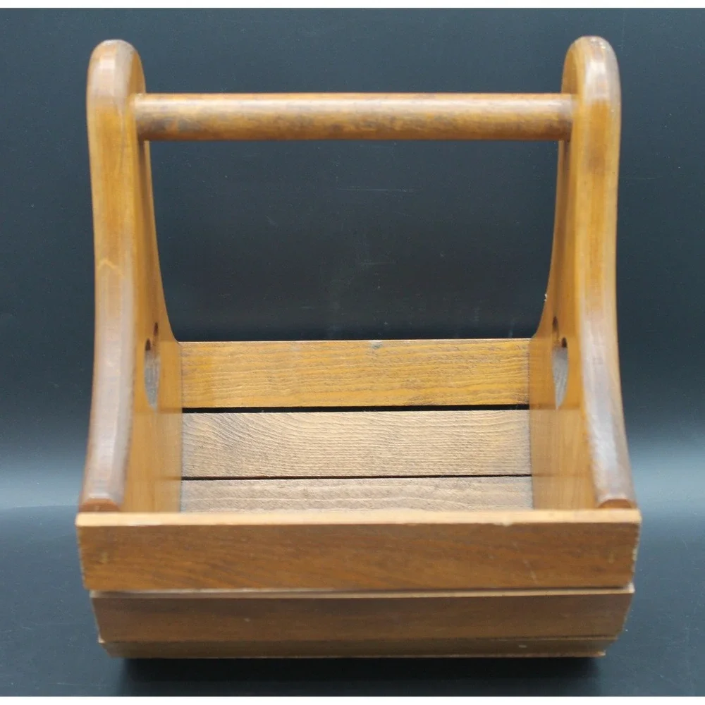 Vintage Wooden Basket Caddy Heart Cutout Handle Country Farmhouse 11
